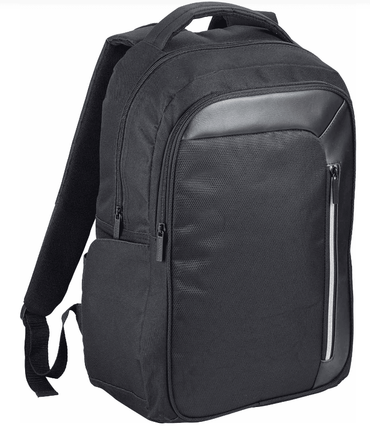 SwagDrop Vault RFID Security Computer Backpack in black, with padded compartments, side pockets, and an RFID-blocking pocket for security.