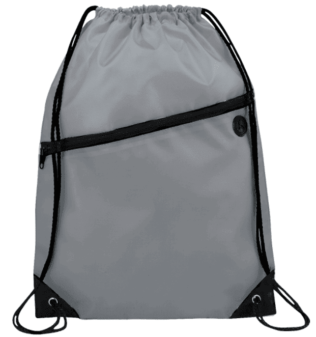 SwagDrop Robin Drawstring Bag, in grey, with lightweight design, large compartment, and zippered pocket, ideal for outdoor strolls or biking.